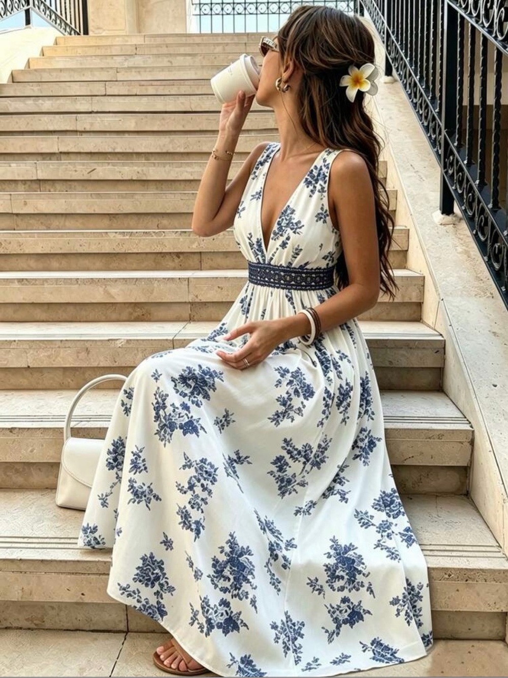 SHEIN White Maxi Dress with Navy Floral Print